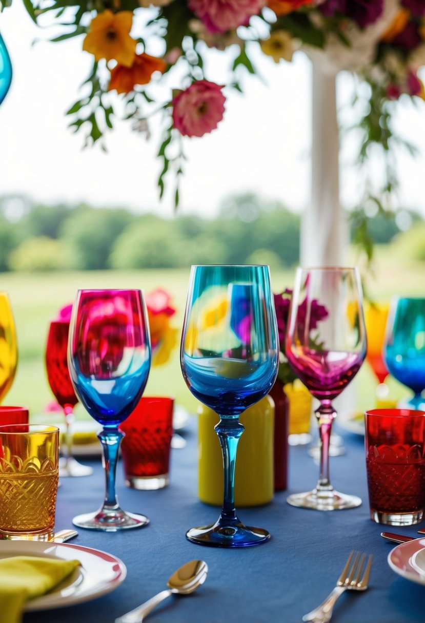 Colorful glassware arranged on a table for a vibrant and eclectic wedding decoration