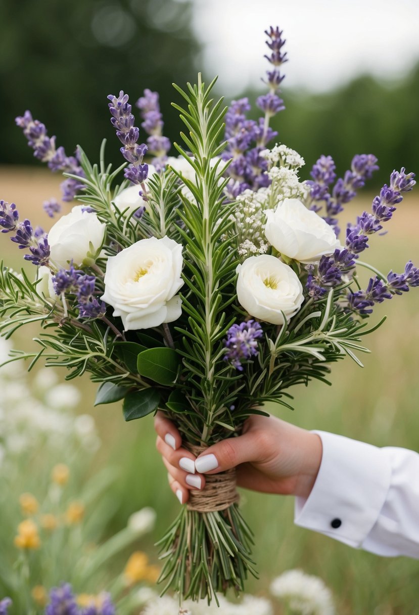 A bouquet of lavender and rosemary intertwine with delicate white flowers, creating a natural and aromatic wedding arrangement