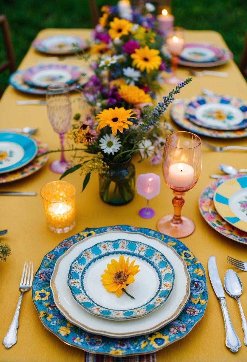 A table set with mismatched vintage plates, colorful and eclectic, adorned with wildflower centerpieces and flickering candlelight