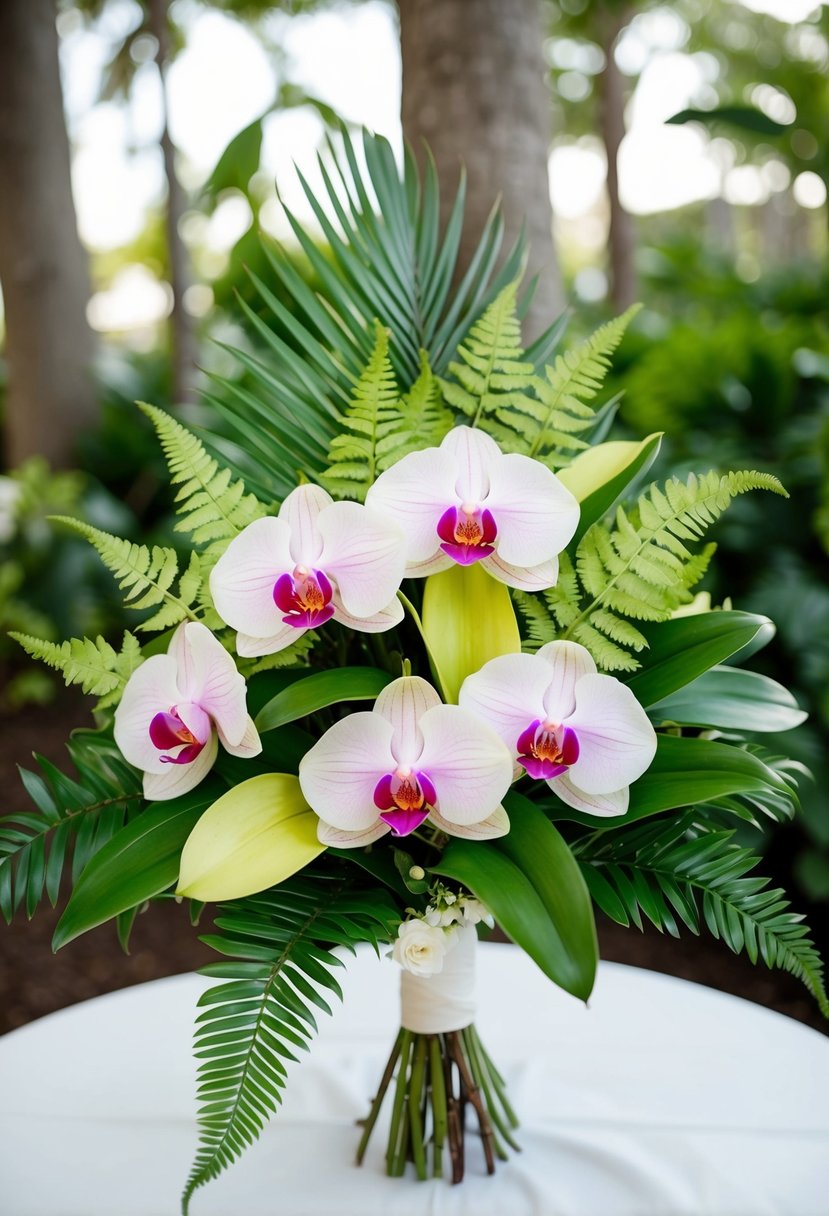 Lush tropical orchids and ferns arranged in a bridal bouquet