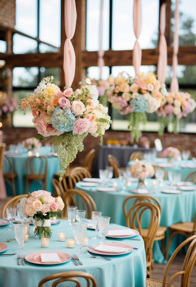 Pastel flowers hanging above eclectic wedding tables