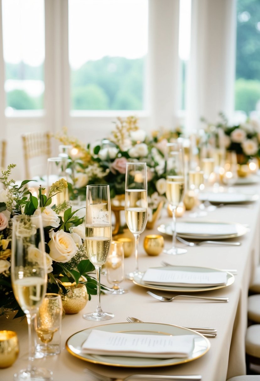 A table adorned with champagne glasses, floral centerpieces, and golden accents, creating an elegant and romantic wedding atmosphere