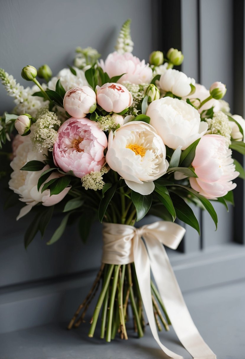 A vintage-inspired wedding bouquet featuring lush peonies and delicate posey flowers, tied with a silk ribbon