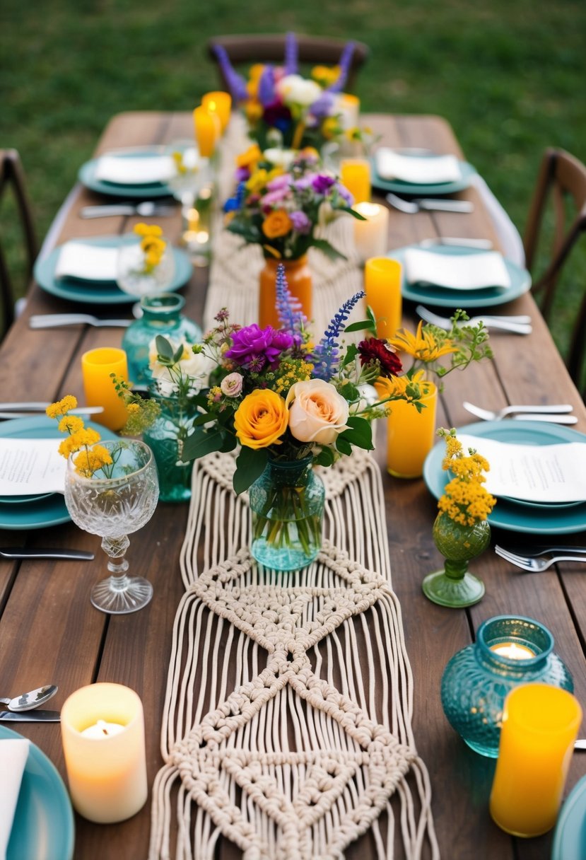 An outdoor wedding table adorned with macramé table runners, surrounded by an eclectic mix of vintage vases, candles, and colorful florals