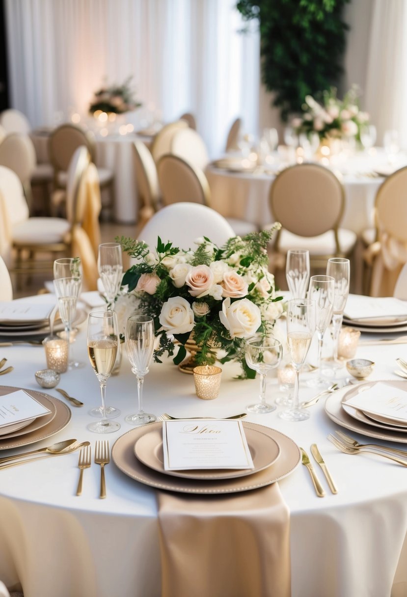 An elegant table setting with ivory and champagne-colored linens, sparkling glassware, and floral centerpieces