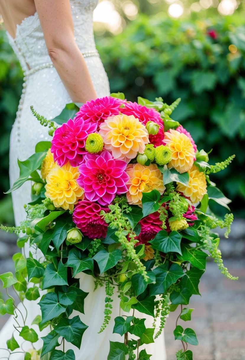 Vibrant dahlia and cascading ivy intertwine in a lush wedding bouquet, creating a stunning display of natural beauty