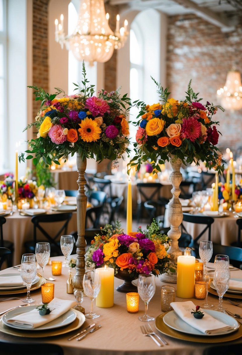 Tall and low centerpieces mix on tables with colorful flowers, candles, and vintage decor for an eclectic wedding