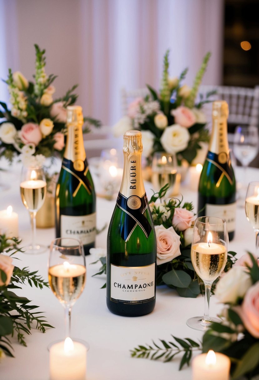 A table adorned with elegant champagne bottle centerpieces, surrounded by delicate floral arrangements and flickering candlelight