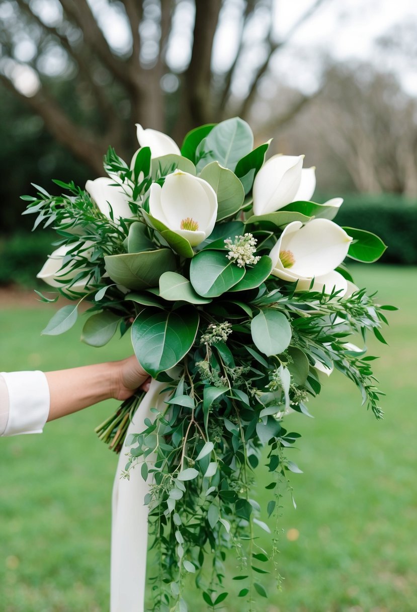 A lush wedding bouquet featuring magnolia leaves and ruscus, with delicate greenery cascading elegantly