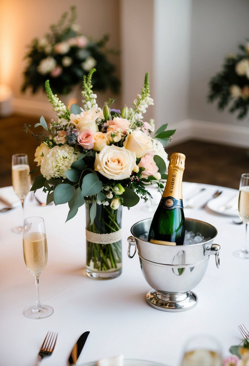 A floral centerpiece sits beside an ice bucket holding a bottle of champagne, set on a wedding reception table