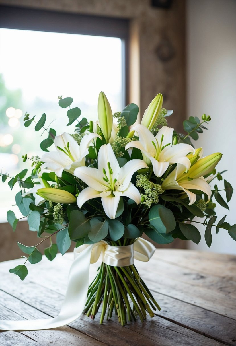 A lush bouquet of white lilies and eucalyptus leaves, tied with a satin ribbon, sits on a rustic wooden table