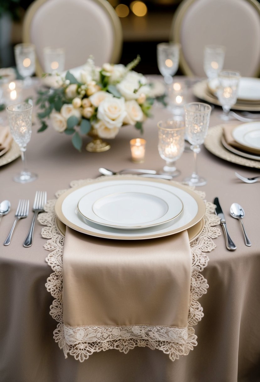 A taupe tablecloth with champagne-colored napkins and delicate lace accents, set with elegant dinnerware and sparkling glassware