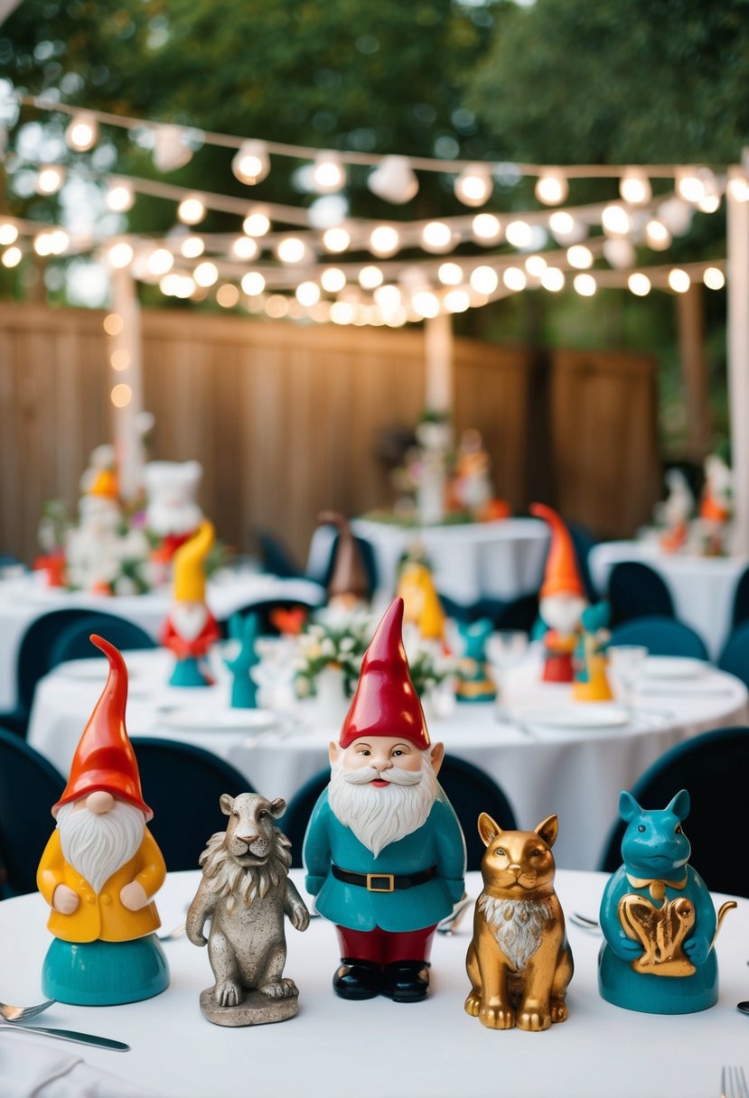 Quirky statues of animals, gnomes, and abstract shapes adorn wedding tables, creating a whimsical and eclectic atmosphere