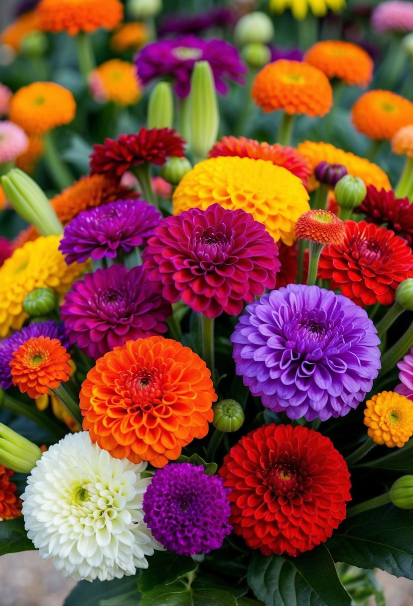 A vibrant assortment of zinnias in various colors and sizes arranged in a beautiful wedding bouquet