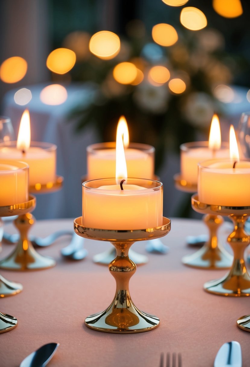 Tealight and gold candle holders arranged on a champagne wedding table, casting a warm glow