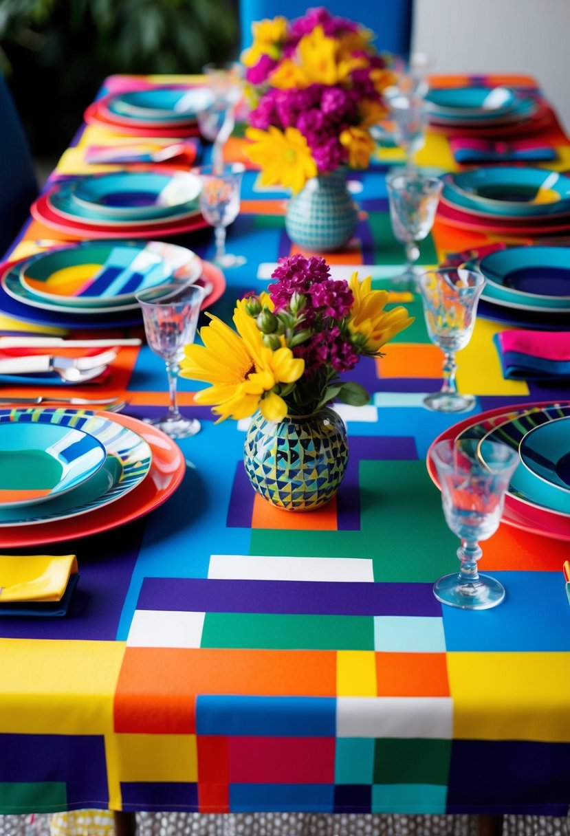 A vibrant table setting with bold geometric patterns and solid color accents, featuring eclectic mix of dinnerware and centerpieces