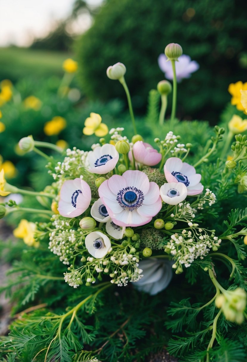 A vibrant anemone clutch nestled among lush greenery and delicate blooms, perfect for a wedding bouquet