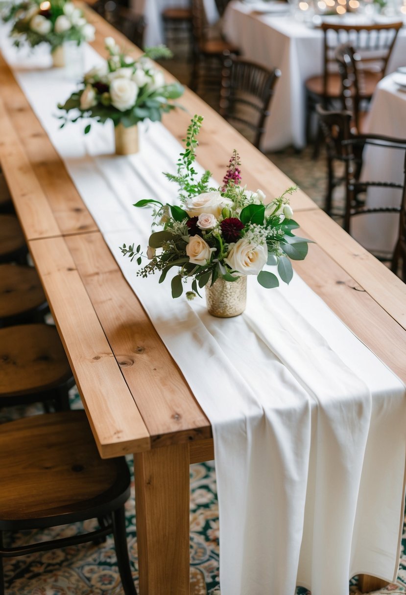 Wooden tables topped with white linen runners showcase an eclectic array of wedding table decorations