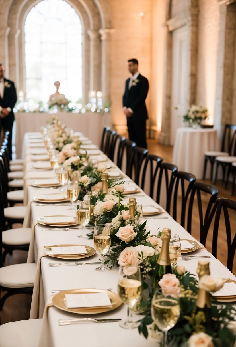 A long wedding table adorned with champagne floral arrangements for the aisle