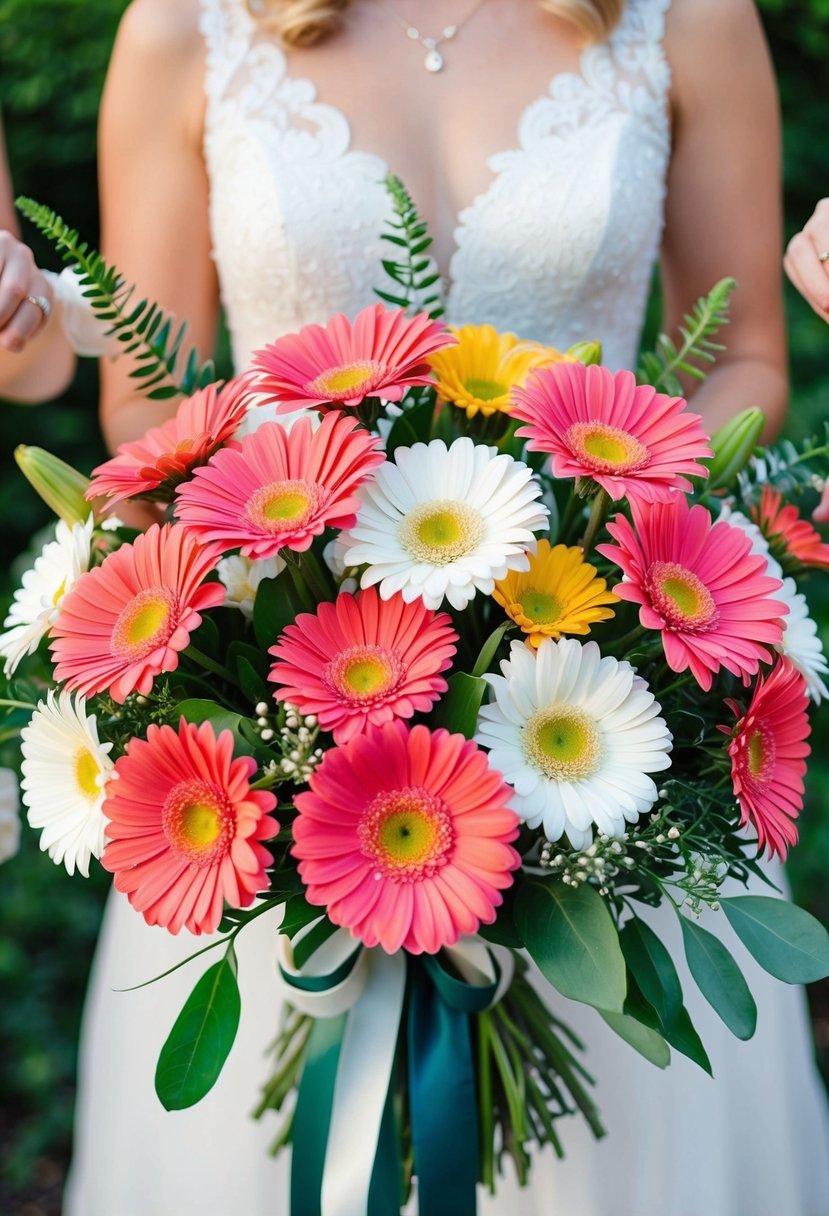 Vibrant Gerbera Daisies arranged in a joyful wedding bouquet, with greenery and ribbon accents