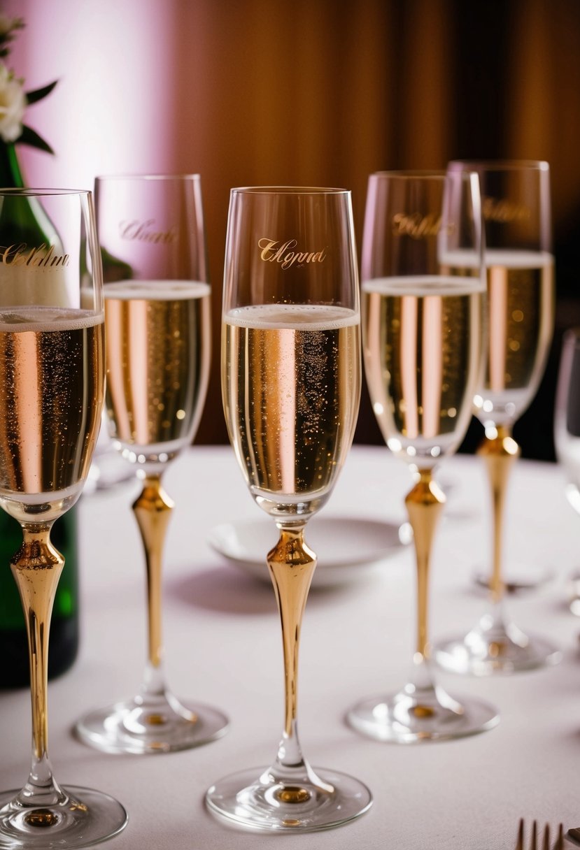 Elegant champagne flutes with gold trim arranged on a wedding reception table