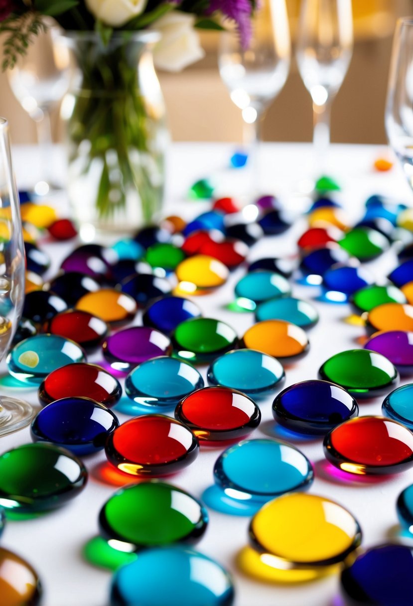 Colorful flat glass marbles scattered on a table, catching the light and adding sparkle to an eclectic wedding decor