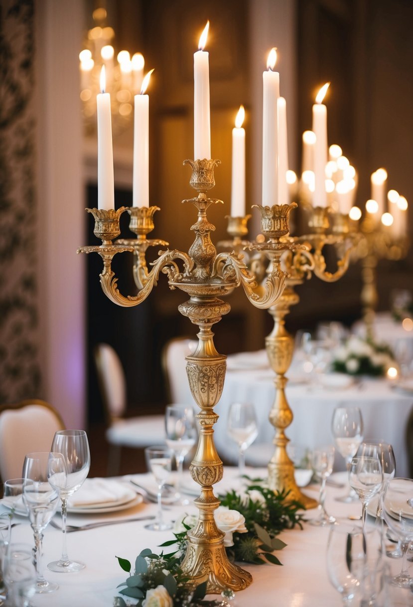 Ornate candelabras adorn an elegant wedding table, adding a touch of eclectic charm to the decor