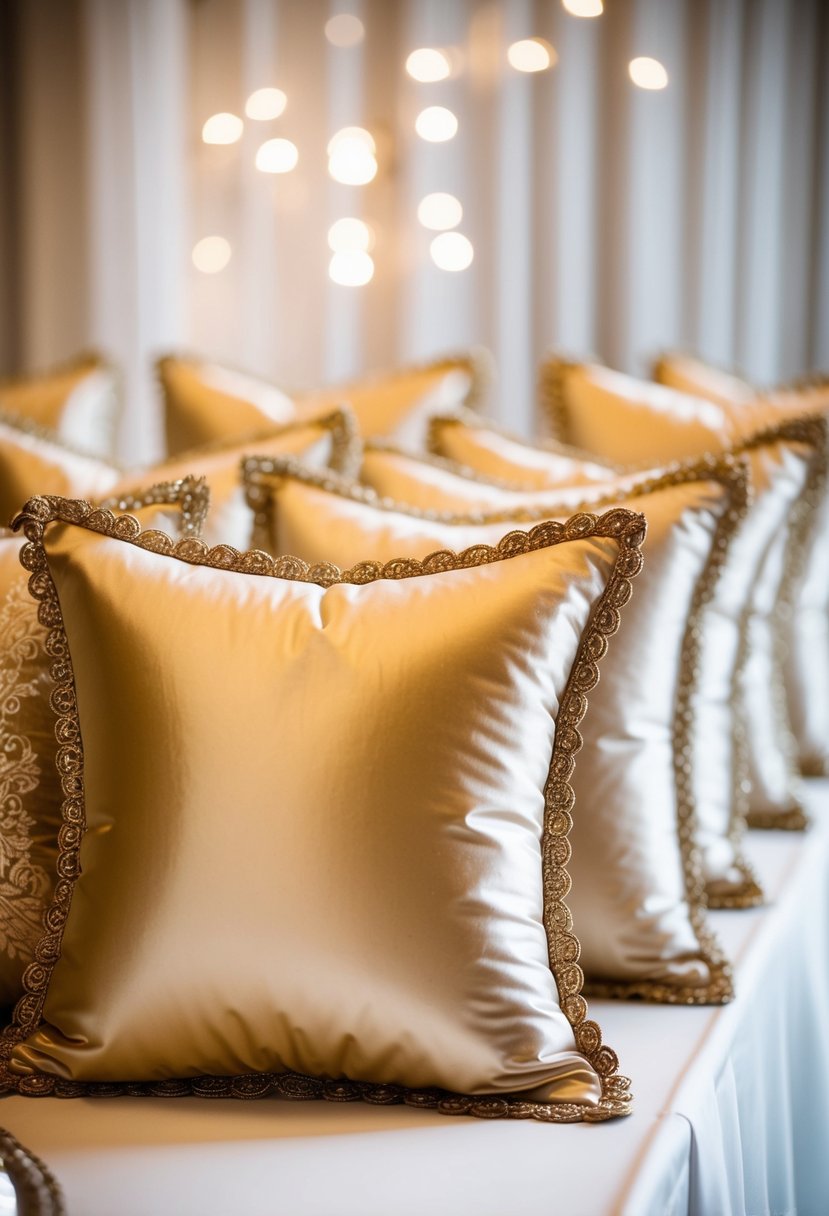 Elegant champagne-colored pillows with intricate details arranged on a wedding table