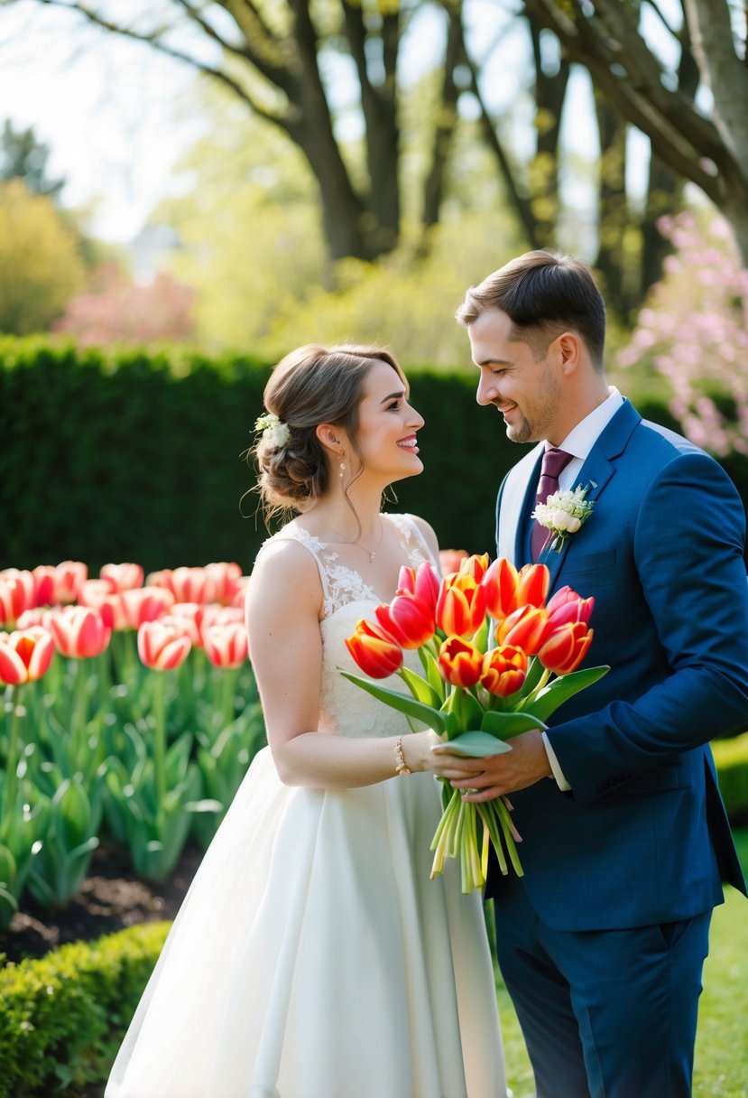 A couple gathers tulips in a lush garden for their wedding bouquet