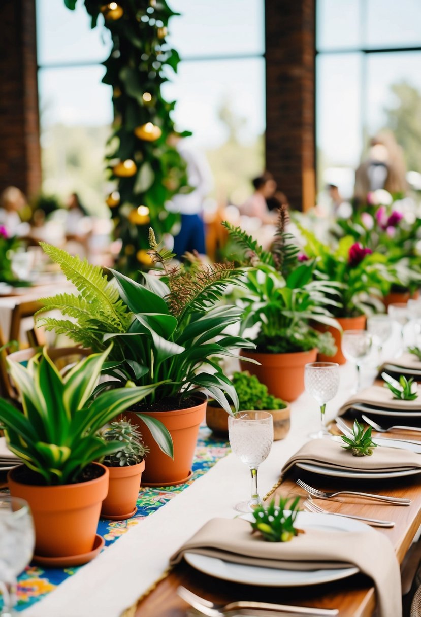 Lush potted plants adorn a wedding table, creating a vibrant and eclectic atmosphere