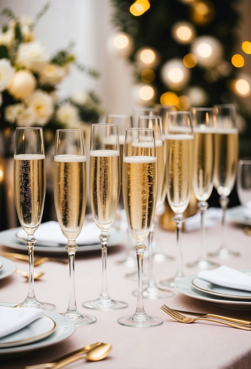 Elegant vintage champagne glasses arranged on a beautifully decorated wedding table, adding a touch of sophistication to the celebration