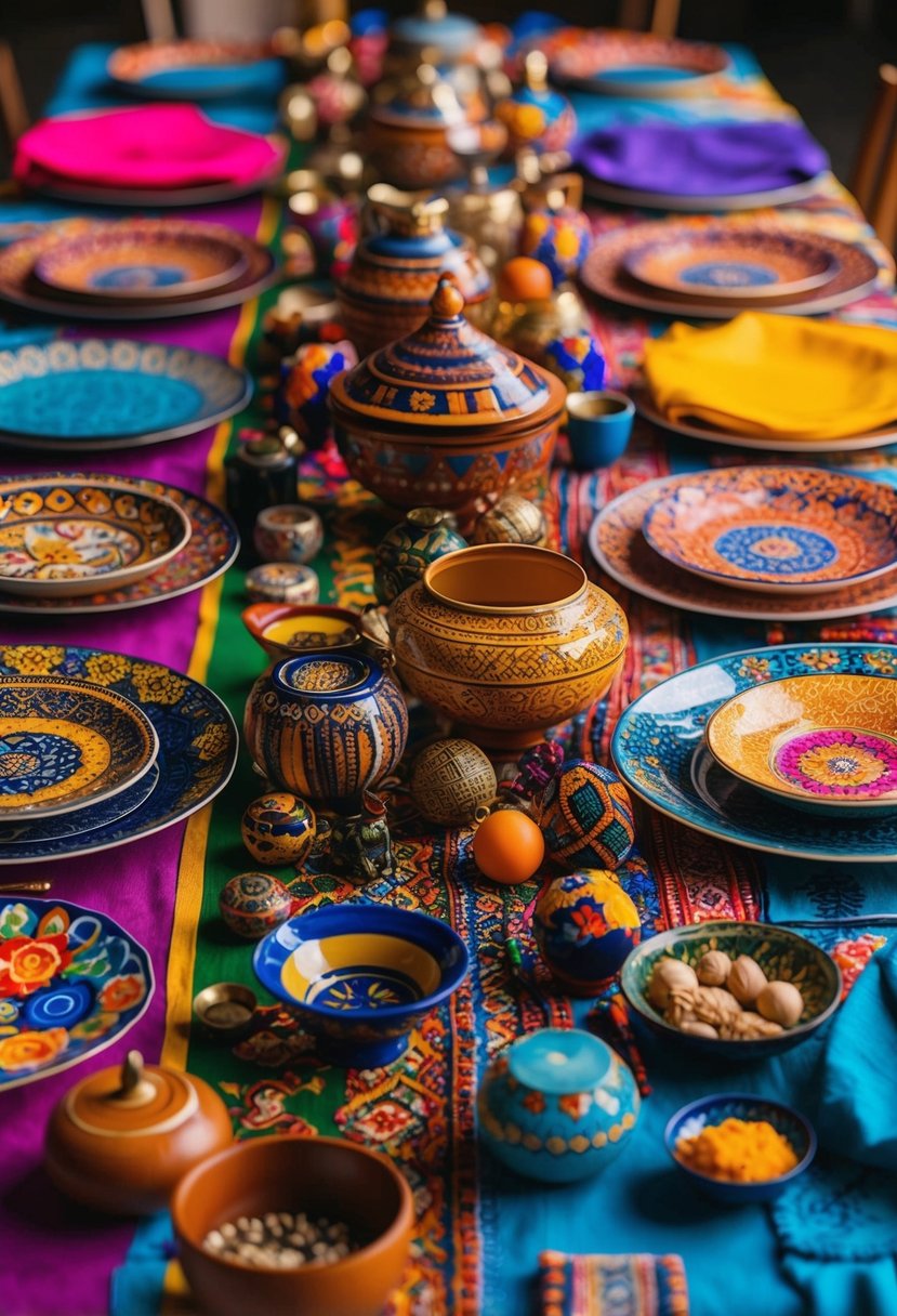 A table adorned with vibrant textiles, intricate patterns, and diverse cultural artifacts from around the world