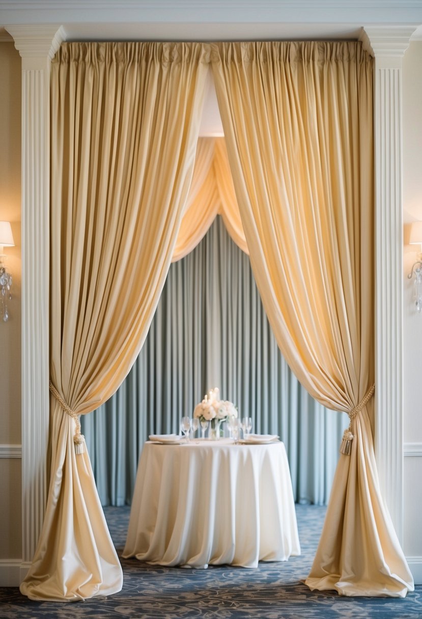 Champagne drapery cascades from the ceiling to the walls, framing an elegant wedding table with soft, flowing fabric