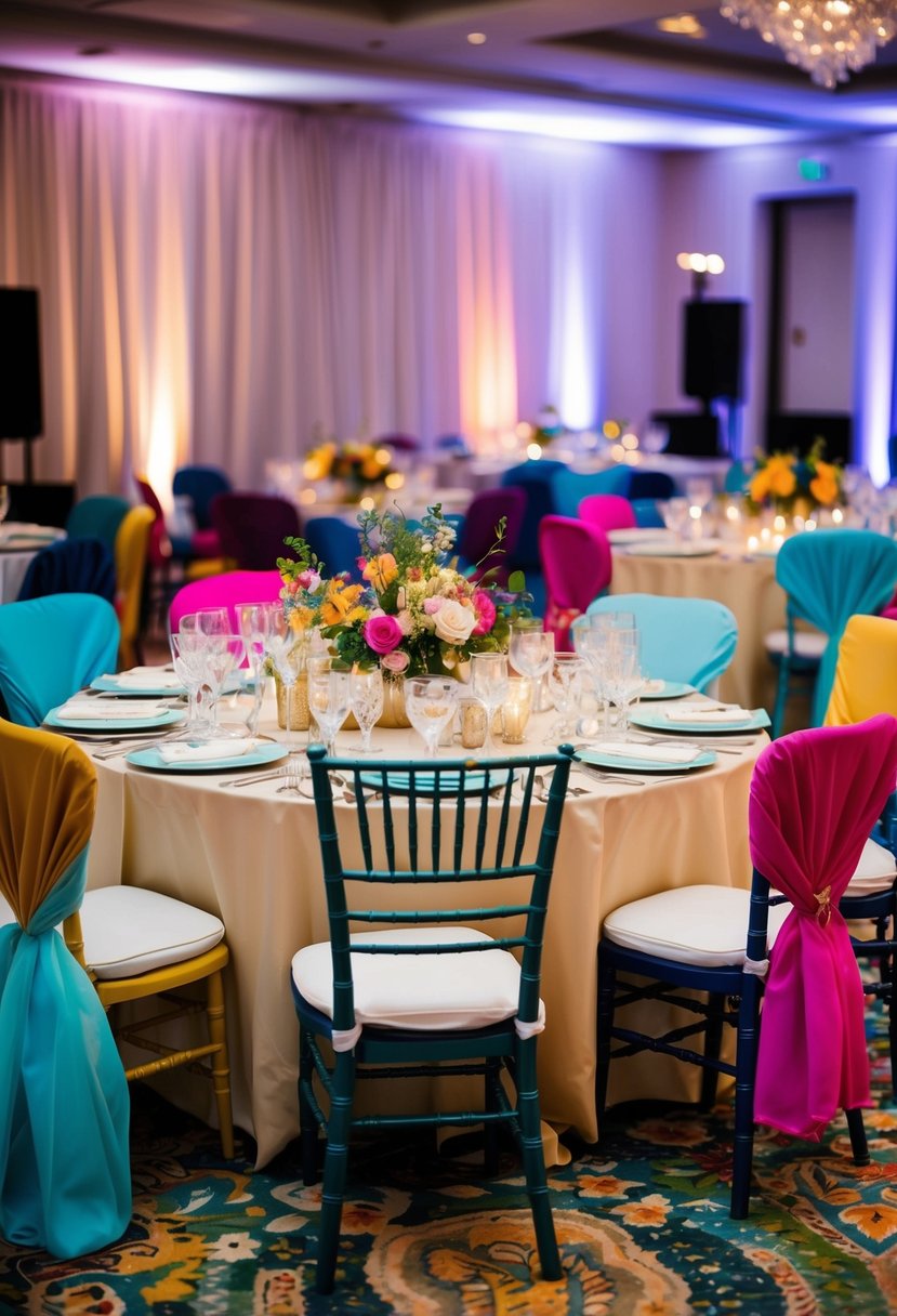 An eclectic mix of chairs and seat covers adorn a wedding reception table, creating a vibrant and unique atmosphere