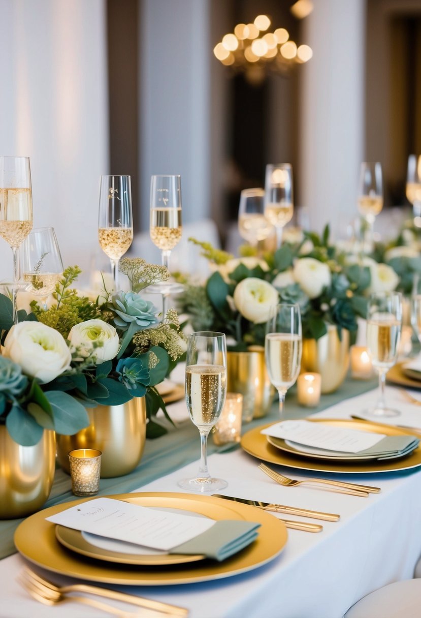 A table set with gold and sage green floral centerpieces, sparkling champagne glasses, and elegant wedding decor