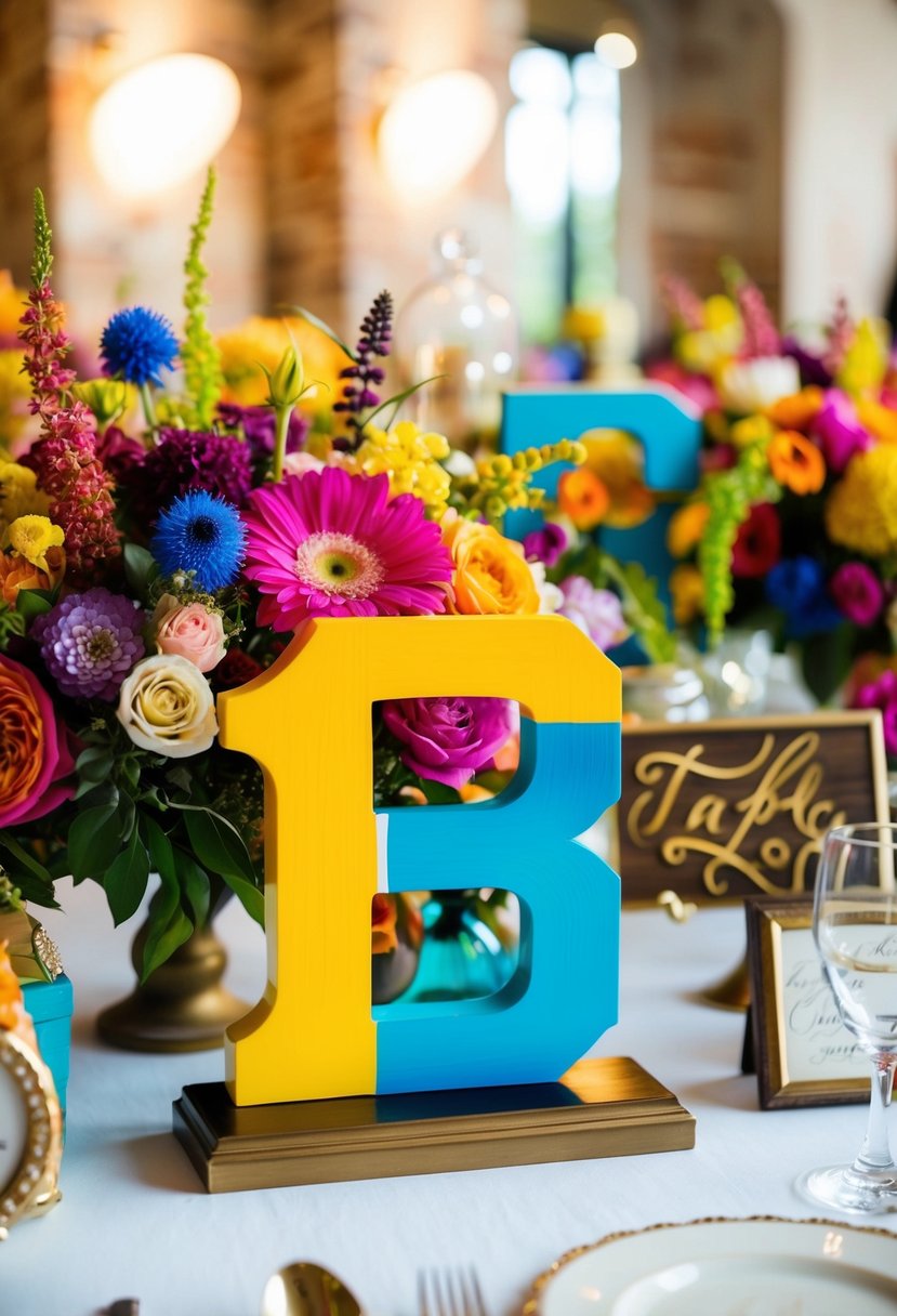 Vibrant, hand-painted table numbers stand out among colorful floral arrangements and vintage trinkets at an eclectic wedding reception