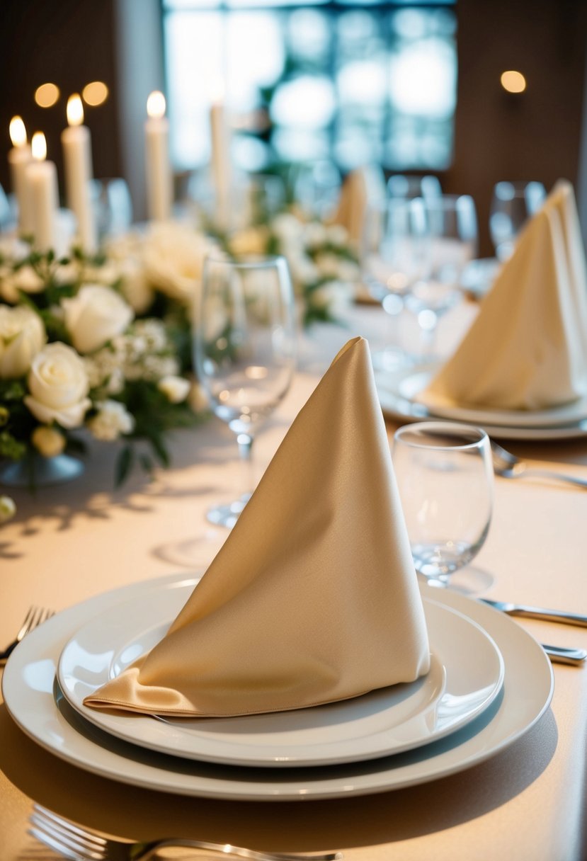 A table set with champagne shantung napkins, adorned with elegant wedding decor