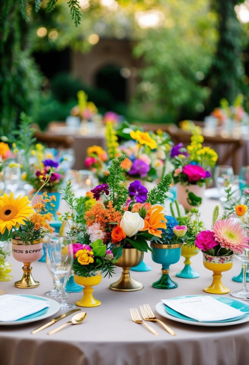 A table adorned with various mini compotes filled with colorful flowers and greenery, creating a vibrant and eclectic wedding table decoration