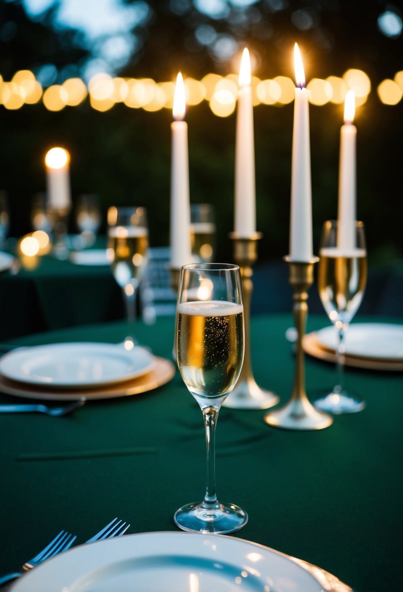 A dark green tablecloth adorned with flickering candles and champagne glasses