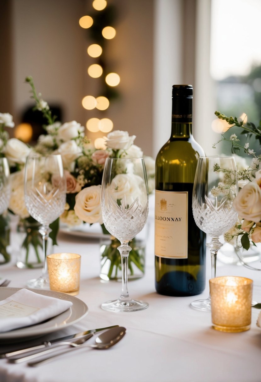 A table set with crystal glasses, white linen, and a bottle of Chardonnay, surrounded by delicate floral arrangements and flickering candlelight