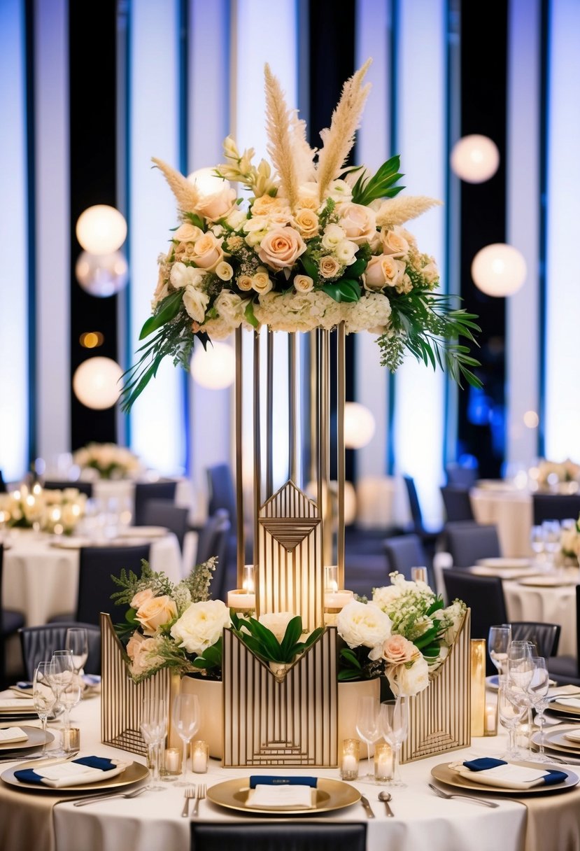 A grand Art Deco centerpiece, adorned with champagne-colored flowers and geometric shapes, sits atop a Hollywood-inspired wedding table