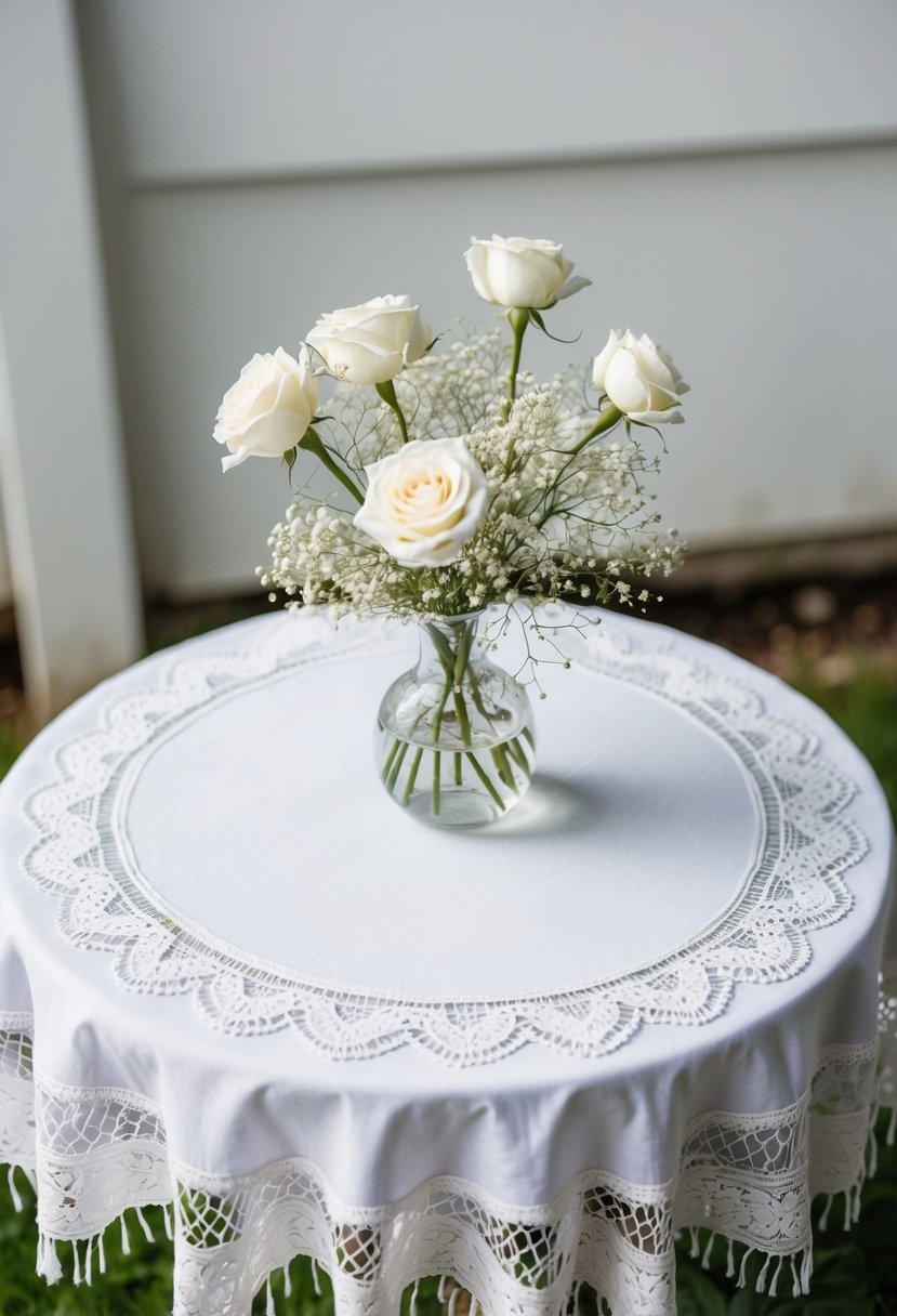 A small round table adorned with a white lace tablecloth, featuring a centerpiece of delicate white roses and baby's breath in a clear glass vase