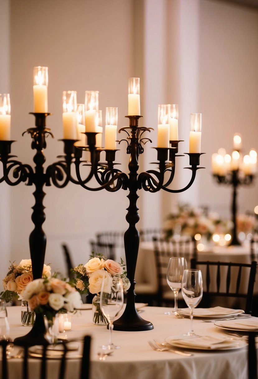 Elegant candelabras adorn a simple wedding table, casting a warm glow over the delicate floral centerpieces