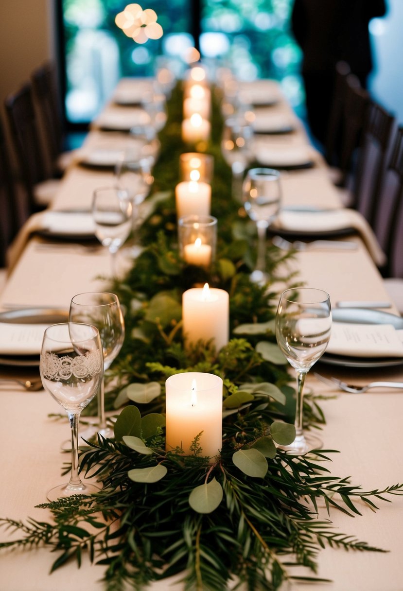 A simple wedding table adorned with lush greenery runners