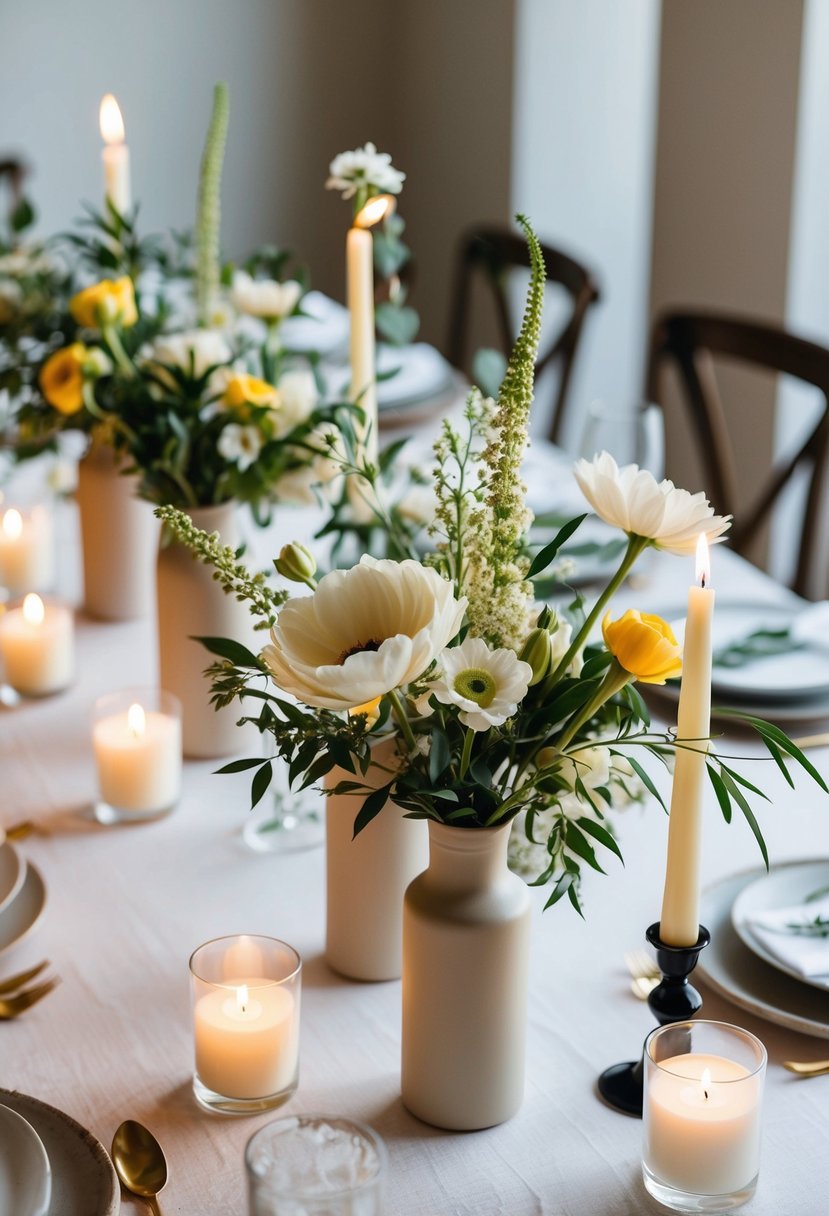 A table adorned with fresh seasonal flowers in simple vases, accompanied by delicate greenery and candles, creating a charming wedding centerpiece