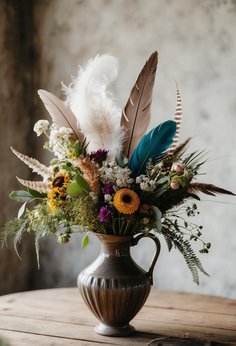 A rustic boho wedding bouquet with wildflowers, feathers, and greenery in a vintage vase