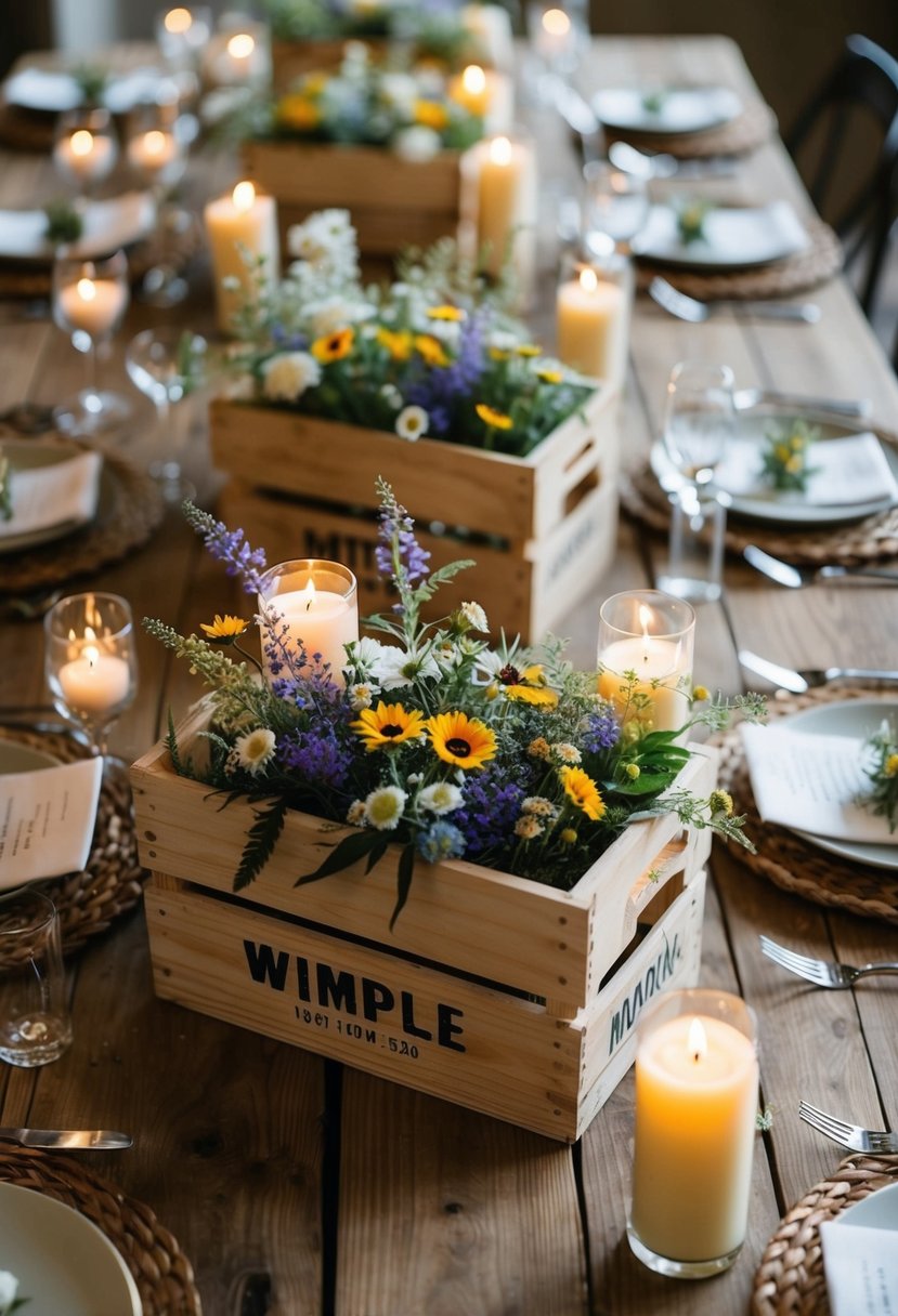 Wooden crates filled with wildflowers and candles adorn each table, creating a rustic and elegant centerpiece for a simple wedding celebration