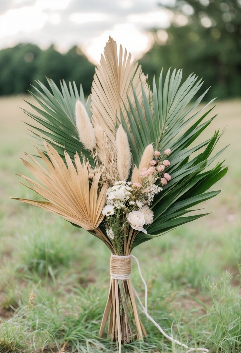 A rustic, bohemian wedding bouquet featuring dried palm leaves, tied with twine and accented with delicate wildflowers