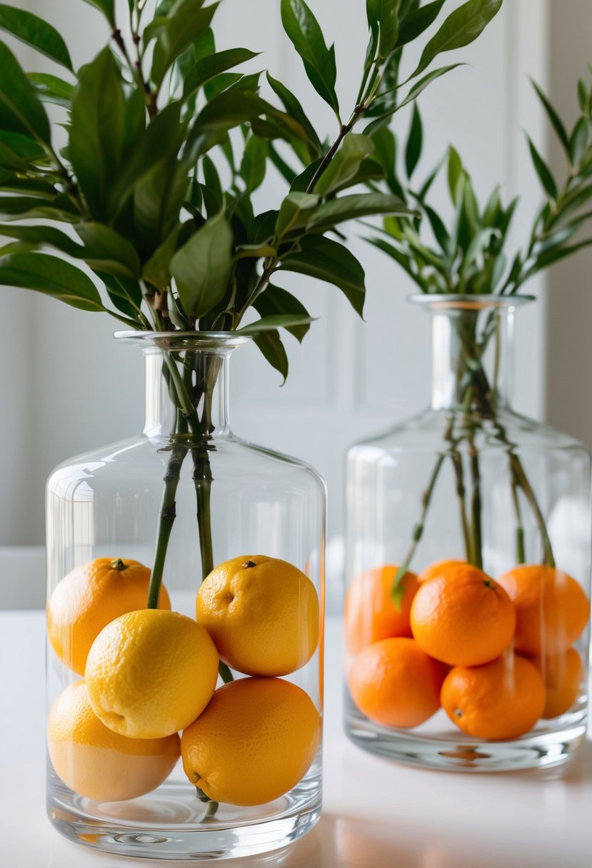 Lemons and oranges in clear vases on a white table with greenery