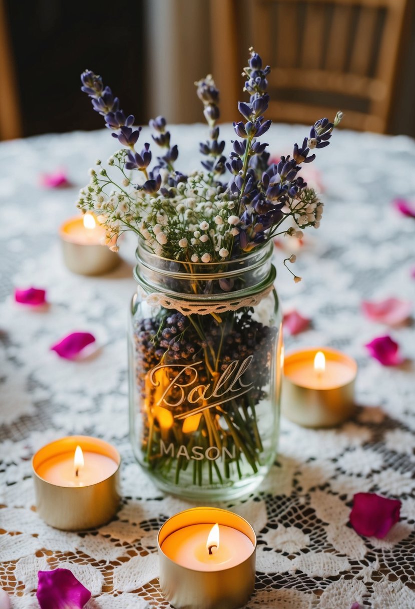 A mason jar filled with baby's breath and lavender sits on a lace-covered table, surrounded by tealight candles and scattered rose petals